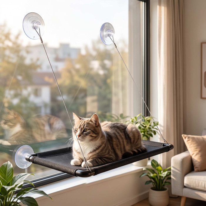 Лежанка кошачья подоконная с прочными присосками, поднятое место для котов для загара и наблюдения за птицами, компактное домашнее